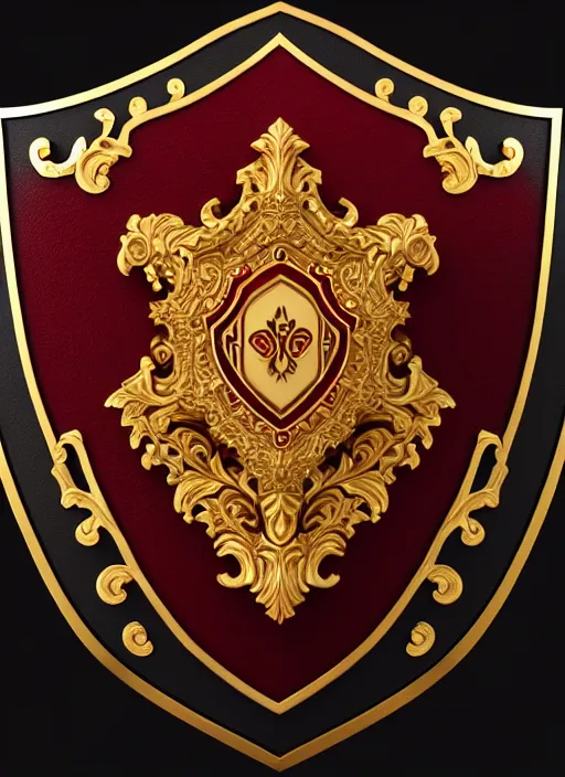 Prompt: black background, a beautiful symmetrical wooden shield decorated with gold, ivory and dark red, front facing view, mirrored, ornamental art, octane render, royal shield