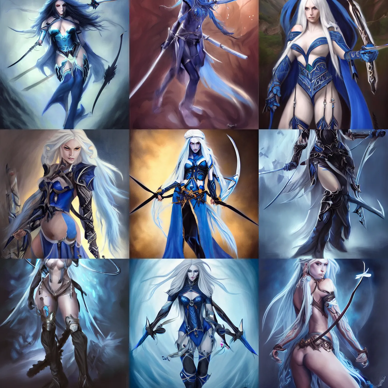 Image similar to a beautiful painting of a dark elf woman with long white hair wearing a blue outfit with a bow and quiver of arrows strapped to her back, piercing blue eyes by Raymond Swanland