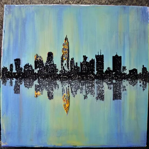 Image similar to oil on styrofoam crust - painting with melt of the city of atlanta skyline with symbolic filigree