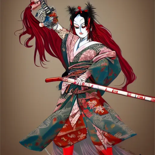 Image similar to an insane kabuki wielding a spear while striking a pose, magical aura of insanity driving beasts insane, intricate hakama, red wig, detailed face with crossed eyes, high energy, trending on artstation, detailed concept art,