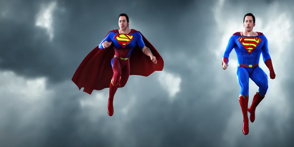 Prompt: a cinematic scene of nicolas cage as super man, vray render, realistic, cinematic lighting, clear face, majestic, 8 k