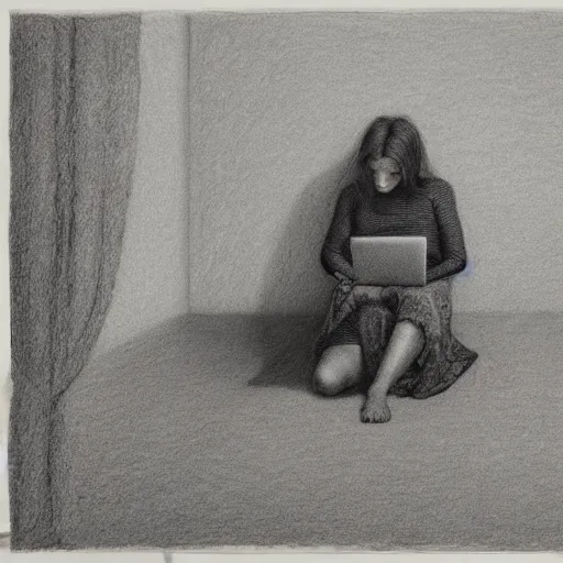 Image similar to highly detailed charcoal drawing of woman sitting on the carpeted floor beside a bed, working on her laptop by aron wiesenfeld