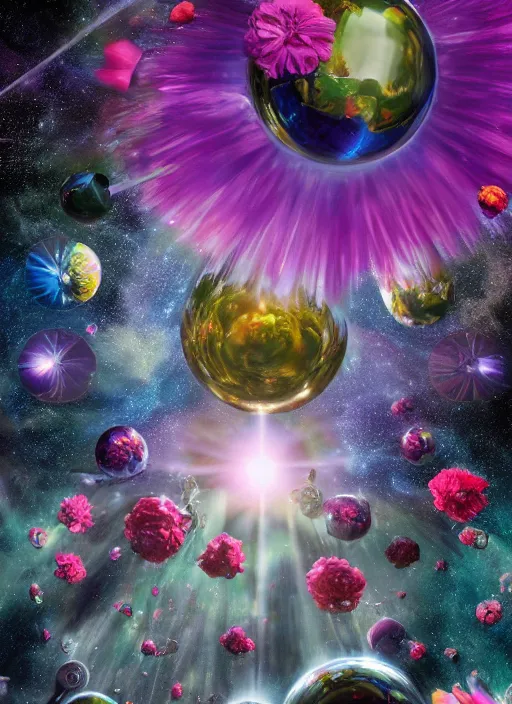 Prompt: An epic fantastic realism comic book style painting of the most beautiful flowers launched into space, perfect shiny silver iridescent dichroic spheres, bouquets, fisheye lens, unreal 5, DAZ, hyperrealistic, octane render, dynamic lighting