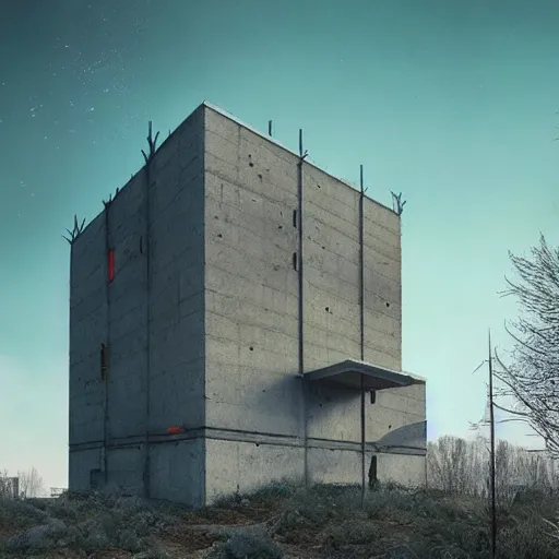 Prompt: sci - fi concrete brutalism symbolism building, simon stalenhag, photoreal, highly detailed