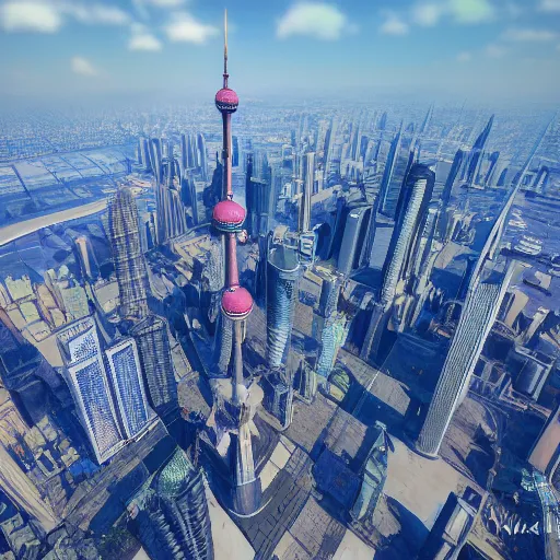 Prompt: spuerman flying upon shanghai lujiazui, cityscape, cloud day, artstation, 8 k