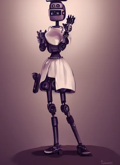 Image similar to a robot wearing a maid dress, holding a plate, full body shot, highly detailed, digital painting, artstation, concept art, smooth, sharp focus, illustration