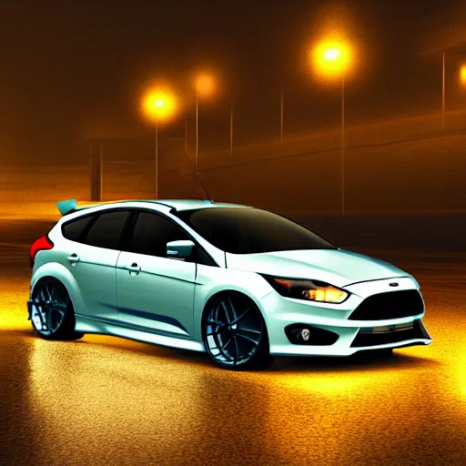 Prompt: ford focus st, fast shot, at night, low-polygon render, mist, dark lighting, digital painting, art,