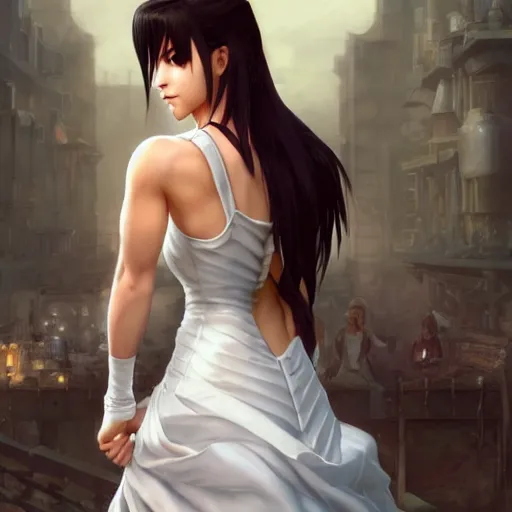 Prompt: tifa lockhart in a wedding dress, cg animation, riot entertainment, arcane, realistic, character select portrait, by artgerm, greg rutkowski, alphonse mucha, 3 d