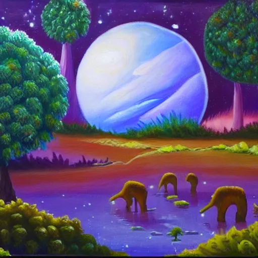 Prompt: a beautiful alien planet with plants and animals. Oil painting in the style of Bob Ross.