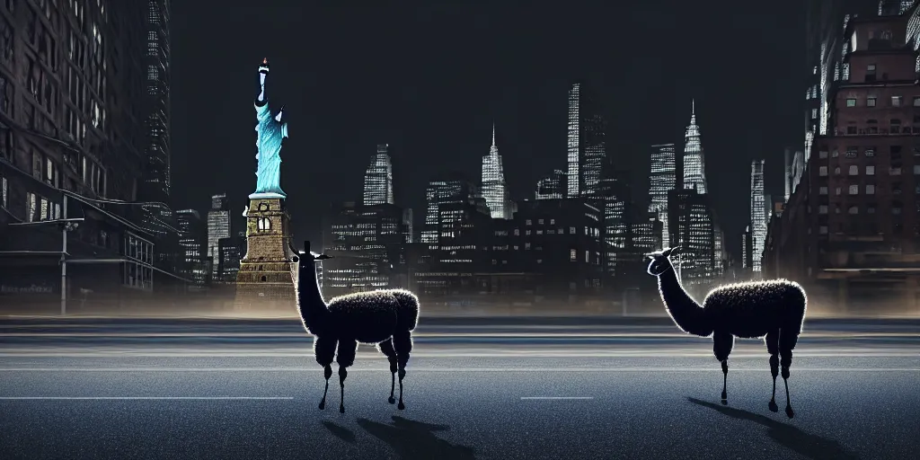 Image similar to a llama walking through a desolate manhattan city street at night, statue of liberty seen in the background, realistic 4 k octane beautifully detailed render, 4 k post - processing, highly detailed, detailed face, intricate complexity, epic composition, magical atmosphere, cinematic lighting, masterpiece, color picture, ultra hd