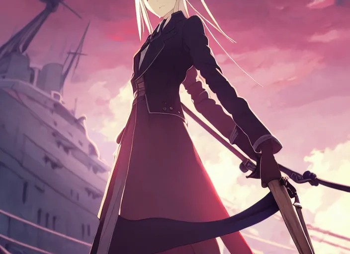 Image similar to portrait of lady maria, helm of second world war warship in background, illustration concept art anime key visual trending pixiv fanbox by wlop and greg rutkowski and makoto shinkai and studio ghibli and kyoto animation, symmetrical facial features, red eyes, astral witch clothes, modern warfare, realistic anatomy, gapmoe yandere grimdark, volumetric lighting, backlit