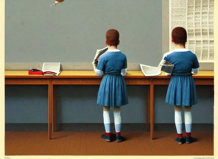Prompt: a very boring day in school, kids wearing identical clothes reading newspapers, painting by quint buchholz and ray caesar, muted colors, gray, dull, boring, low energy, pale blue faces, very detailed
