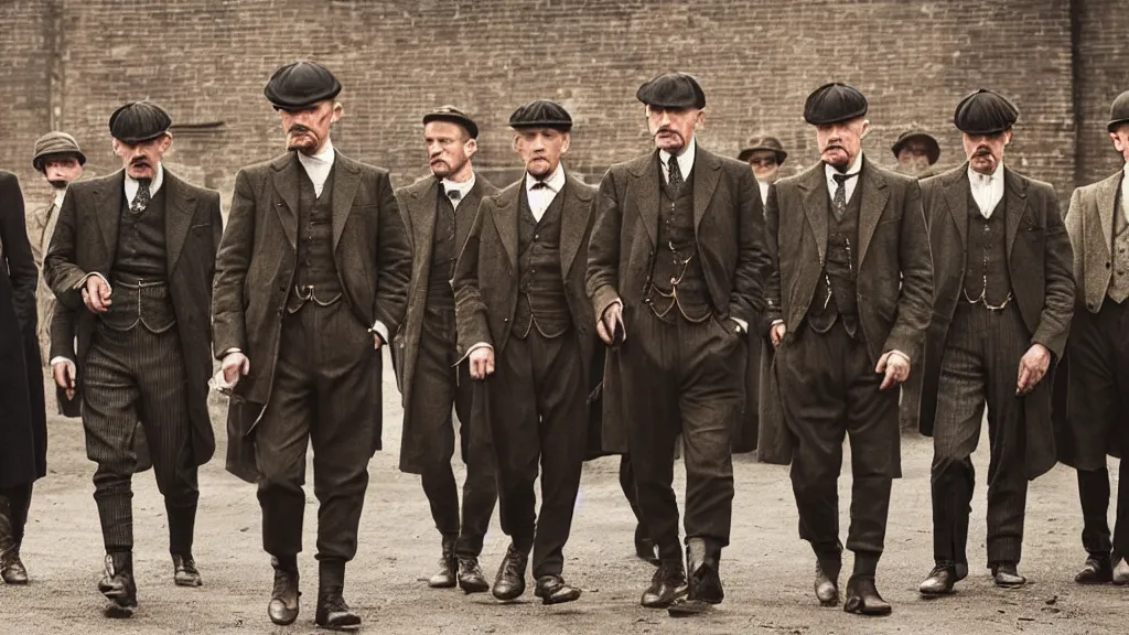 Image similar to a group of human peanuts dressed like the peaky blinders