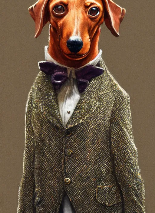 Image similar to dachshund with a raised highbrow, wearing a tweed jacket, wearing a monocle | highly detailed | very intricate | elaborate outfit | symmetrical | cinematic lighting | award - winning | closeup portrait | painted by donato giancola and mandy jurgens and charlie bowater | featured on artstation