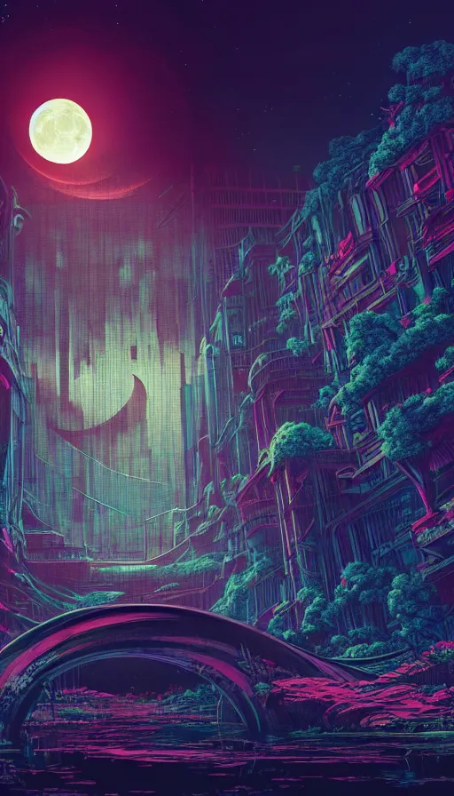 Image similar to reclaimed by nature by moon hoon, darkacademia atlantis cosmic san andreas at dawn neon signs tokyo synthwave universe, archdaily, wallpaper, highly detailed, trending on artstation.