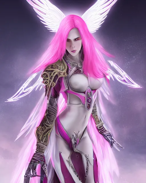 Prompt: tall, attractive pink haired priestess wearing white dove wings, warframe armor, regal, attractive, ornate, sultry, sexy, beautiful, elize theron, pretty face, green eyes, scifi platform, 4 k, ultra realistic, epic lighting, illuminated, cinematic, black gold, art by akihito tsukushi, voidstar