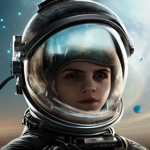 Image similar to excited emma watson's face inside astronaut's helmet, reflecting stars and galaxies, high detail, smooth, sharp focus, cgsociety, artstation, illustration, unreal engine, 8 k, 4 k