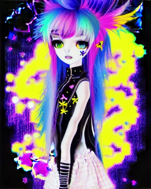 Image similar to neo tokyo japanese anime kawaii decora hologram of rimuru tempest, sky blue hair, golden yellow eyes, wearing black stylish clothing, holography, irridescent, baroque visual kei glitch art, a detailed pencil portrait with watercolor of a beautiful monster high doll, by sabrina eras, alice x. zhang, agnes cecile, blanca alvarez