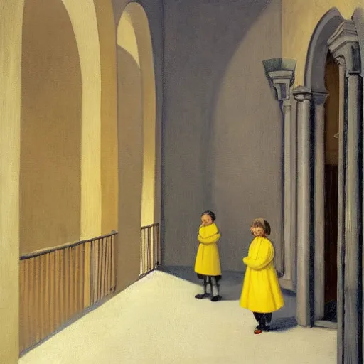 Image similar to in the distance, a little girl with short black hair and wearing a yellow coat alone in the inner courtyard of an abbey, the light is bright and wintry, painting by hopper and de chirico