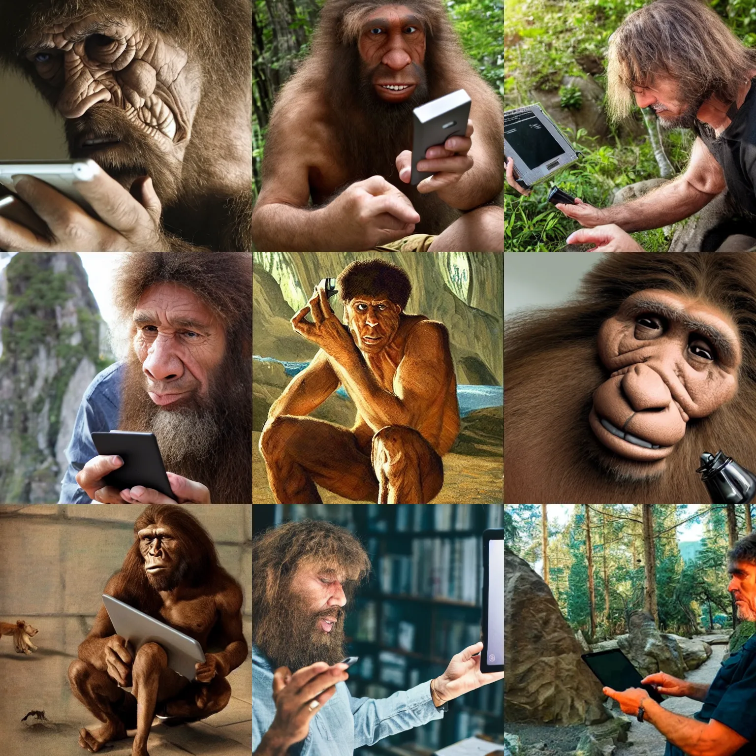 Prompt: a neanderthal discovering the wonders of modern technology