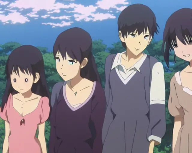 Image similar to three pretty!!!! anime women looking disgustedly!!!!! at the viewer, by makoto shinkai, studio ghibli