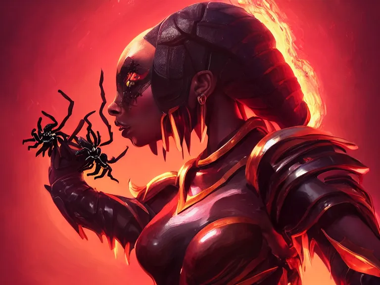 Image similar to portrait of queen of spiders kamala harris, flaming heavy armor and whip, rule of thirds, black and red gradient, photorealistic facial features, league of legends splash art, by chengwei pan, huang guangjian, viktoria gavrilenko, artgerm, greg rutkowski, 8 k, octane, digital painting, artstation