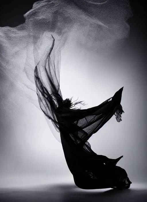 Image similar to a Photorealistic dramatic hyperrealistic render of a beautiful Female smoke dancer by Ken Brower and Deborah Ory of NYC Dance project,Lois Greenfield,Flowing cloth and smoke,Beautiful dynamic dramatic dark moody lighting,volumetric,shadows,cinematic atmosphere,Octane render,8K