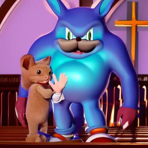 Image similar to catholic big chungus praying at church with sonic