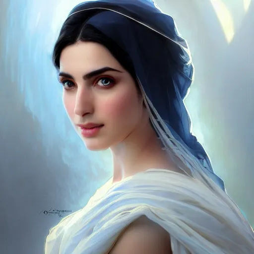 Prompt: ,Crystal blue eyes arab ameera al taweel with black hair, white veil,elegant face, Greek, by WLOP,Artgerm,Greg Rutkowski,Alphonse Mucha, Beautiful dynamic,shadows,Artstation,concept design art,Octane render,8K