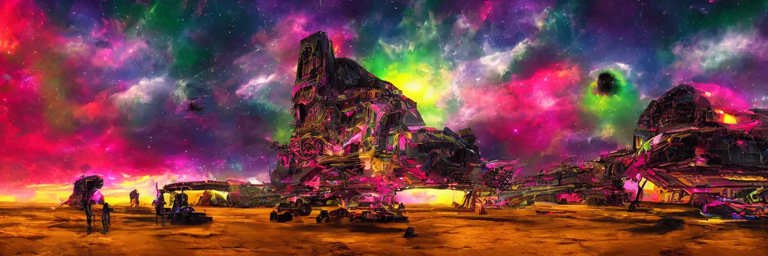 Image similar to space dogs with neon mohawks, dogs, doberman, space, dark, stars, pink, oil painting, pirate neon ship with punks on board, neon, rich deep colors masterpiece, ultra detailed, contrast, lots of roman arches, clouds, sky, volumetric light, atmospheric lighting, dramatic, cinematic, moody, octane render 4 k, 8 k