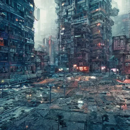 Image similar to photograph of a dystopian city, cyberpunk style, inspired by kowloon walled city, render, octane render, unreal engine, 4 k, dramatic composition