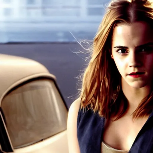 Prompt: emma watson starring in the new fast and furious movie she is driving a very expensive car, 8 0 s movie, cinematic, exciting, movie poster, bright, colorful