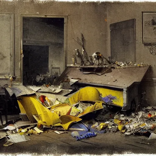 Prompt: by hendrick avercamp, by sabbas apterus warm yellow extemporaneous. a street art of a room that is wrecked, furniture overturned, belongings strewn about, & debris everywhere. the only thing left intact is a photograph on the wall shows a tidy, well - appointed space, with everything in its place.