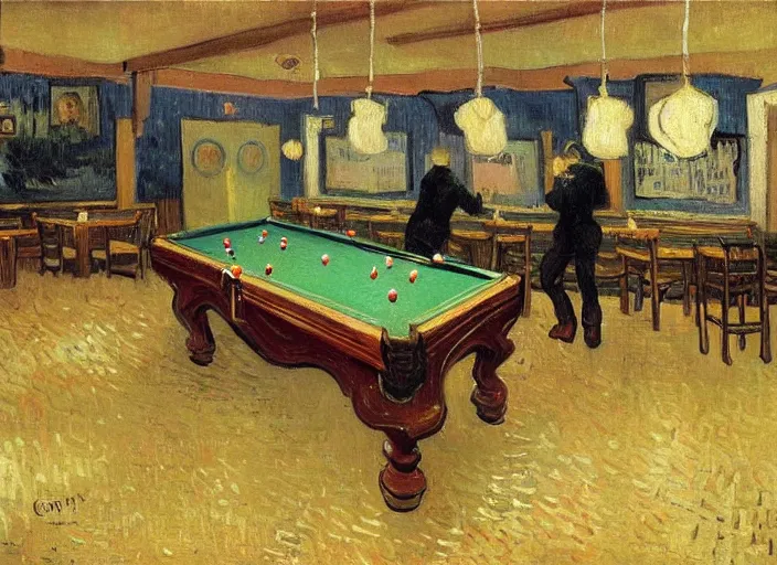 Image similar to a highly detailed beautiful portrait of van gogh playing pool, by gregory manchess, james gurney, james jean