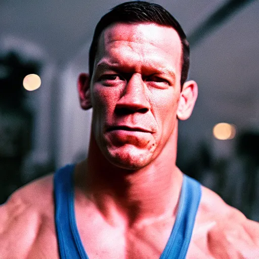 Prompt: A Medium shot of a John Cena face, captured in low light with a soft focus. There is a gentle pink hue to the image, and the John cena’s features are lightly blurred. Cinestill 800t