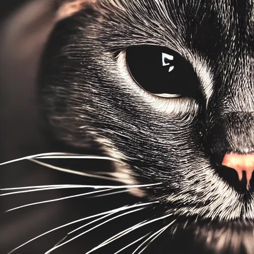 Prompt: intricate photo of a black cat, extreme close up on the cats face, cat facing right