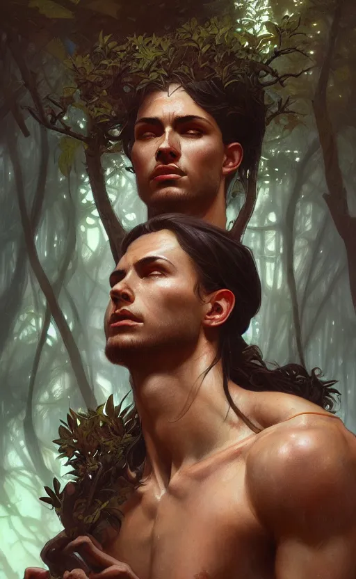 Image similar to young god of the forest, male, gorgeous, detailed face, clear face, amazing, muscular, intricate, highly detailed, digital painting, artstation, concept art, sharp focus, illustration, art by greg rutkowski and alphonse mucha