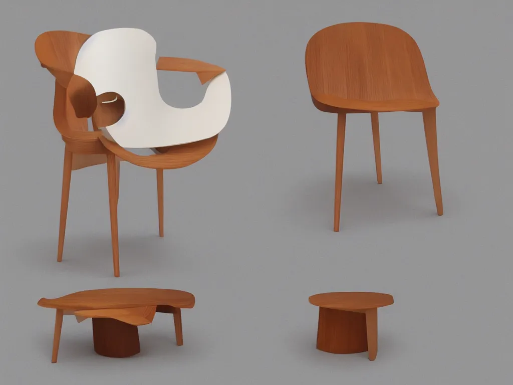 Prompt: furniture design, wood, designed by frank gehy and beeple, shading, retro, groovy, low fi,