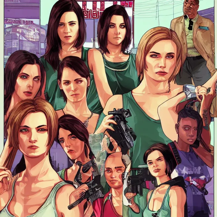 Image similar to female protagonists in gta, cover art by stephen bliss, boxart