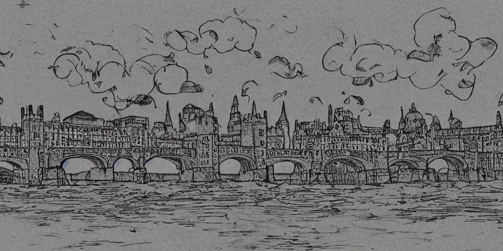 Image similar to pen and ink illustration, ancient London, city buildings on top of tall bridge structure, over the ocean, tall arches, fading off to the horizon, steam punk, artstation