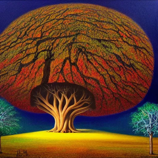 Prompt: A surreal landscape with a large tree in the foreground, pop surrealism, 3D with depth of field, oil painting, by Allan Jabbar