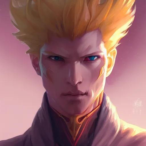 Image similar to portrait of hisoka hunter hunter, male, upper body sharp jaw yellow eyes small eyes red hair, long hair, anime, fantasy, intricate, elegant, highly detailed, digital painting, artstation, concept art, matte, sharp focus, illustration, art by artgerm and greg rutkowski and alphonse mucha