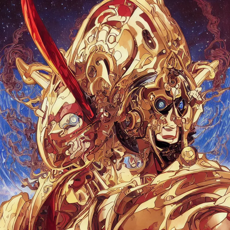 Image similar to portrait of The Anti-Spiral from Tengen Toppa Gurren Lagann by Jeff Easley and Peter Elson + beautiful eyes, beautiful face + symmetry face + border and embellishments inspiried by alphonse mucha, fractals in the background, galaxy + baroque, gothic, surreal + masterpiece, award winning + trending on artstation