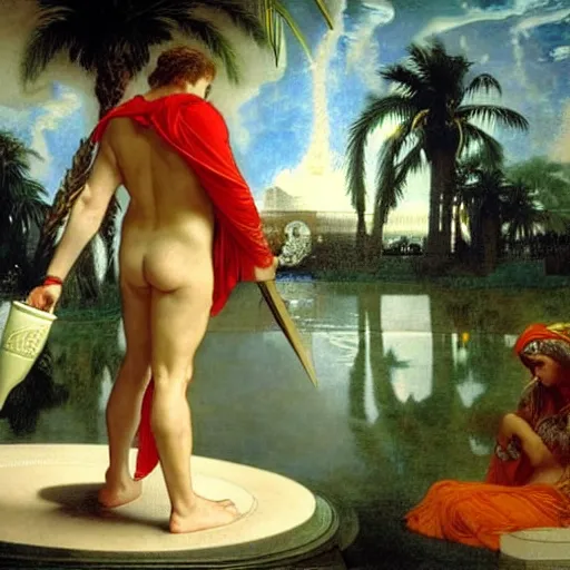 Prompt: Justice with a blood dripping chalice at the palace, thunderstorm, greek pool, beach and palm trees on the background major arcana sky, by paul delaroche, alphonse mucha and arnold böcklin arnold böcklin hyperrealistic 8k, very detailed