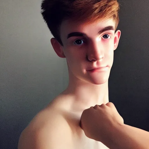 Image similar to “a realistic detailed photo of a guy who is an attractive humanoid who is half robot and half humanoid, who is a male android, twitch streamer Ninja Tyler Blevins, shiny skin, posing like a statue, blank stare, bedroom, close up”