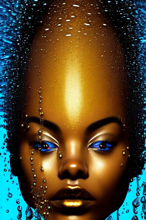 Image similar to hyperrealistic post rococo cinematic very expressive! black oshun goddess, in water up to her shoulders, mirror dripping droplet!, gold flowers, highly detailed face, digital art masterpiece, smooth eric zener cam de leon dramatic pearlescent blue back lighting, low angle uhd 8 k, sharp focus