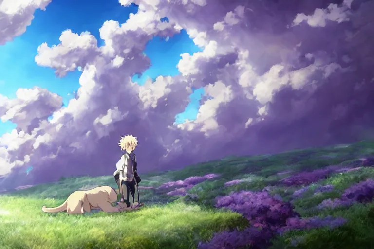 Image similar to a vast scene, panorama distant view, anime art full body portrait character concept art, hyper detailed scene render of a boy and white lion, anime key visual of violet evergarden, finely detailed perfect face delicate features directed gaze, in the white clouds fairyland, trending on pixiv fanbox, violet evergarden, studio ghibli, james jean, extremely high quality artwork