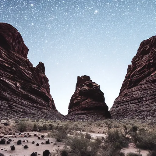 Prompt: a desert composed by black metallic rock, some blue electrical arches going through the air in a moonless night with a black sky, high quality, 1 6 k, breathtaking quality