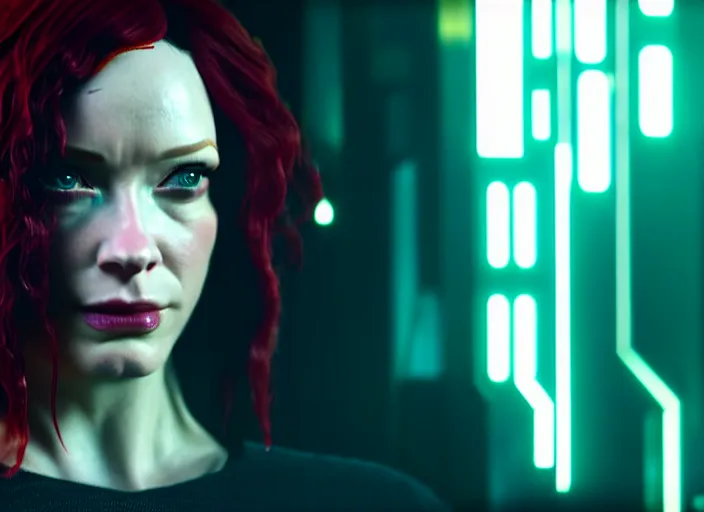 Image similar to filmstill christina hendricks cyberpunk 2 0 7 7, 1 0 0 mm lens, canon eos, red cinema camera, frontal view, dynamic pose, intricate, elegant, highly detailed, centered, redshift, octane, smooth, sharp focus, zeiss lens,