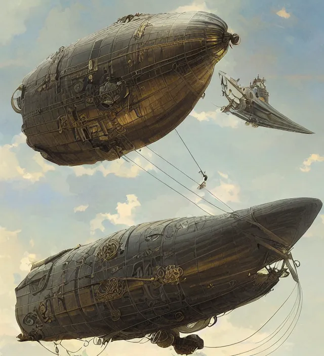 Prompt: a baroque steampunk airship dirigible in the style of last exile, blimp, intricate, highly detailed, digital painting, artstation, concept art, sharp focus, cinematic lighting, illustration, art by artgerm and greg rutkowski, alphonse mucha, cgsociety